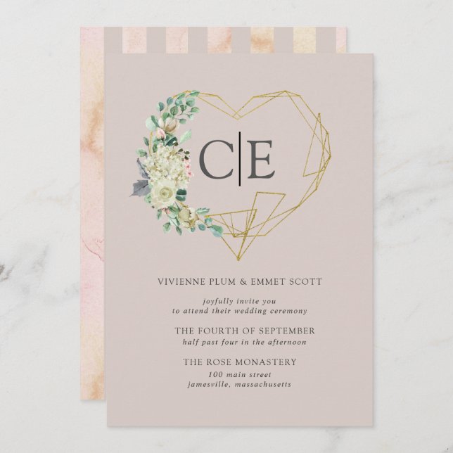 Gold Heart Monogram White Rose Hydrangea Wedding Invitation (Front/Back)