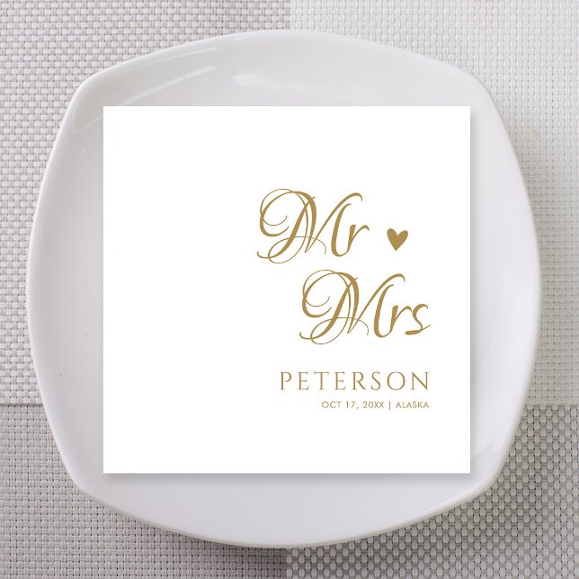 Gold Heart Mr & Mrs Serif Wedding Custom Napkin (Gold heart Mr and Mrs serif wedding custom napkins with names and date for cocktail reception)