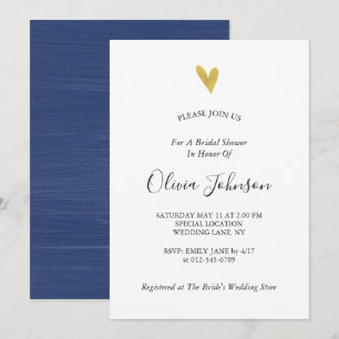 Gold Heart Navy Blue Bridal Shower Invitation