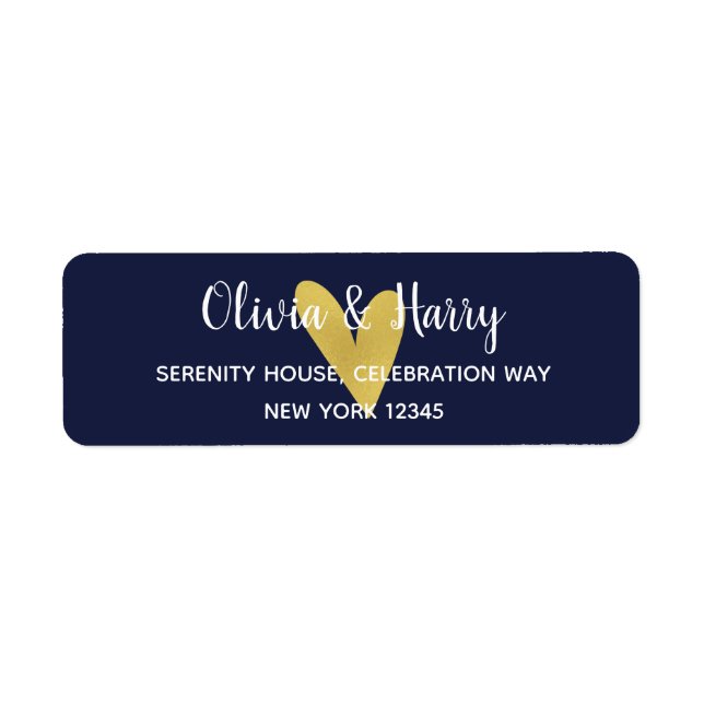 Gold Heart Navy Blue Wedding Return Address Labels (Front)