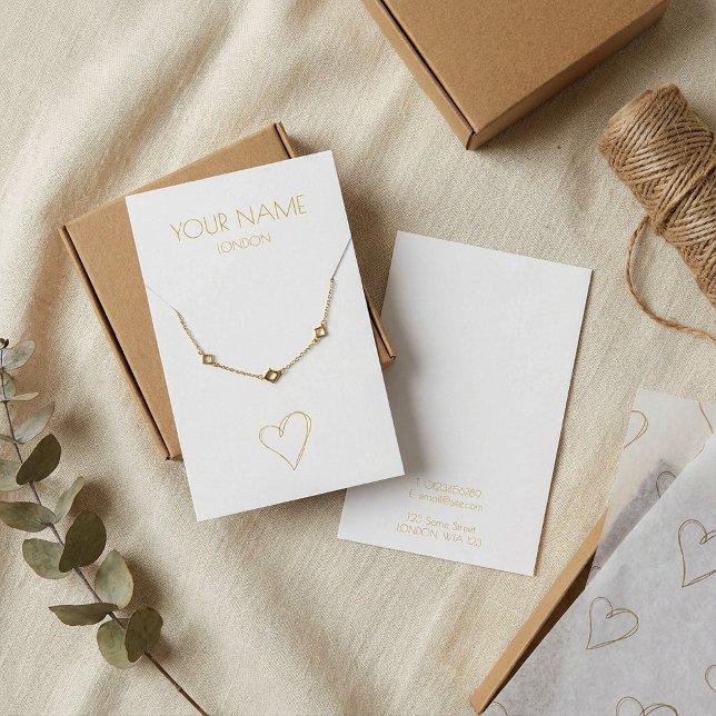 Gold heart necklace or bracelet display card (Gold heart necklace or bracelet white display card.)