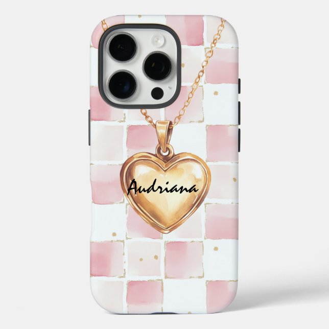 Gold Heart Necklace Pink White Squares Case-Mate iPhone Case (Back)