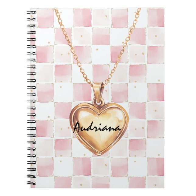 Gold Heart Necklace Pink White Squares Notebook (Front)