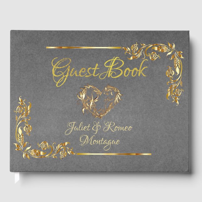  Gold Heart on Grey with Gold Border Guest Book (Front)