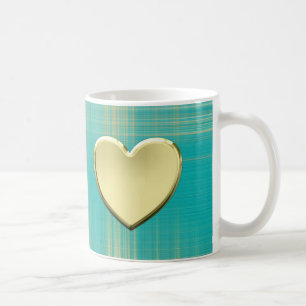 Gold Heart on Turquoise Plaid Coffee Mug