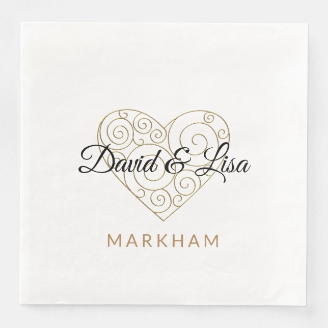 Gold Heart Paper Napkin with Personalized Names (Front)