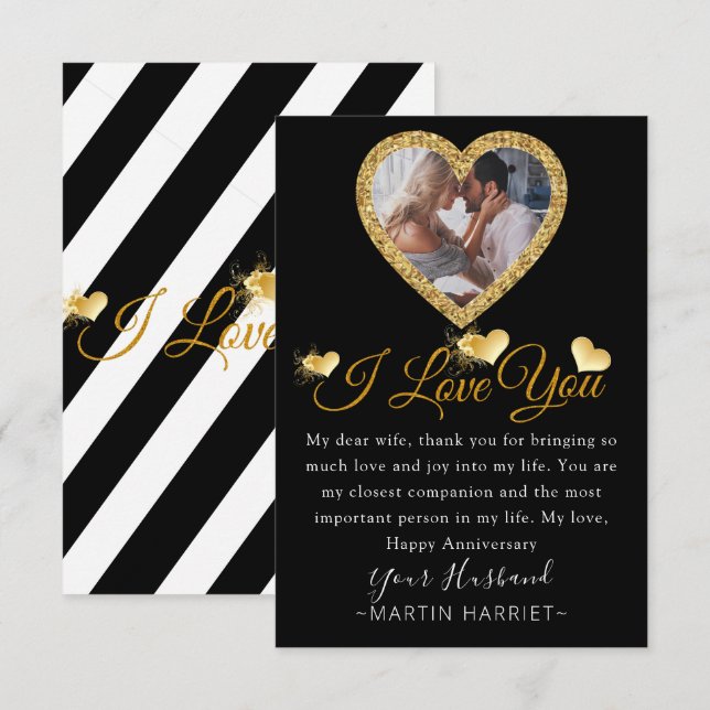 Gold Heart Photo Anniversary Card For Wife (Front/Back)