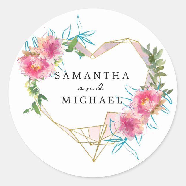 Gold Heart Pink Floral Wedding Favour Seals (Front)