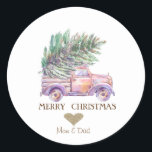Gold Heart,Pink Truck Pine Trees Christmas Classic Round Sticker<br><div class="desc">Elegant glitter faux gold heart and pink truck with pine trees on a white background.</div>