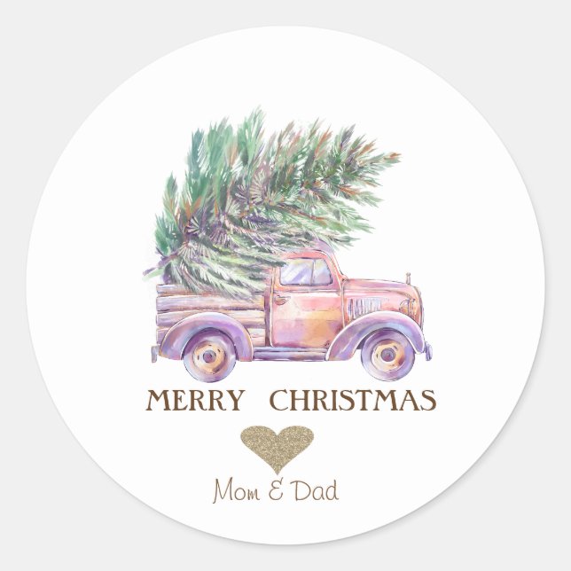 Gold Heart,Pink Truck Pine Trees Christmas Classic Round Sticker (Front)