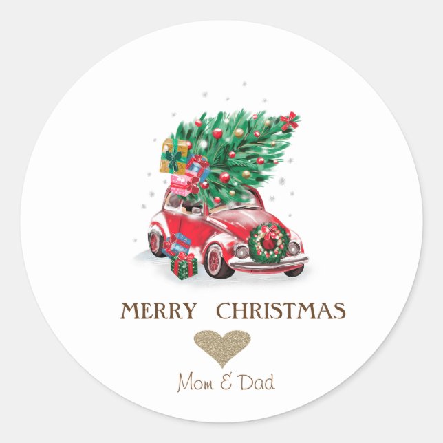 Gold Heart, Red Car Pine Trees Christmas Classic Round Sticker (Front)