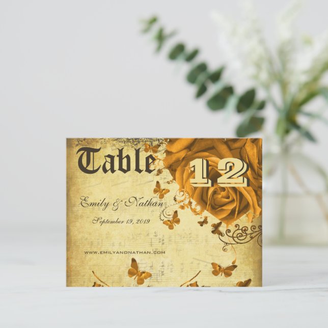 Gold Heart Roses and Butterflies Table Number Postcard (Standing Front)