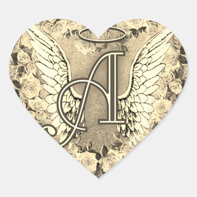 Gold Heart Roses Angel Wings Monogram Sticker (Front)