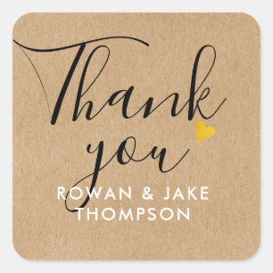 Gold Heart Rustic Kraft Script Thank You Square Sticker