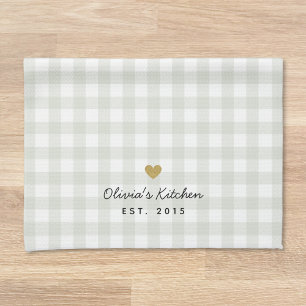 Gold Heart Sage Buffalo Check Custom Name Gift Kitchen Towel
