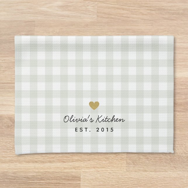 Gold Heart Sage Buffalo Check Custom Name Gift Kitchen Towel (Creator Uploaded)