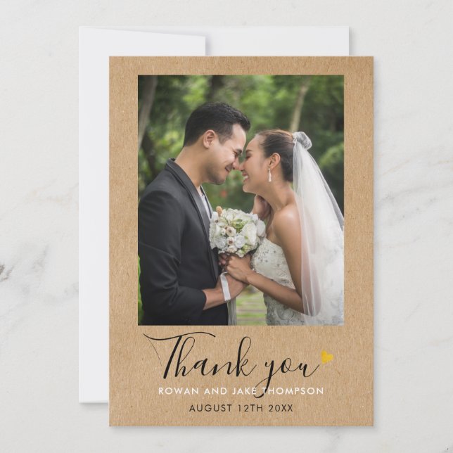 Gold Heart Script Rustic Kraft Wedding Photo Thank You Card (Front)