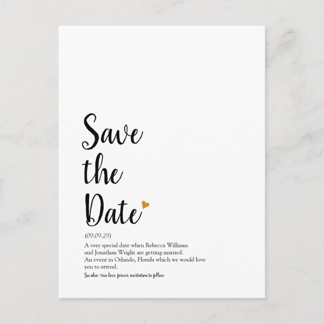 Gold Heart Script Save the Date Definition Postcard (Front)
