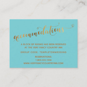 Gold Heart Script Turquoise Wedding Accommodations Enclosure Card