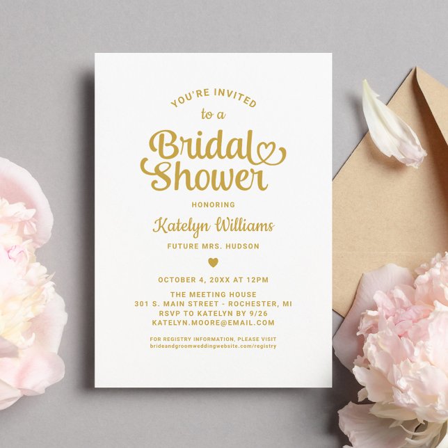 Gold Heart Script Wedding Bridal Shower Invitation (Creator Uploaded)