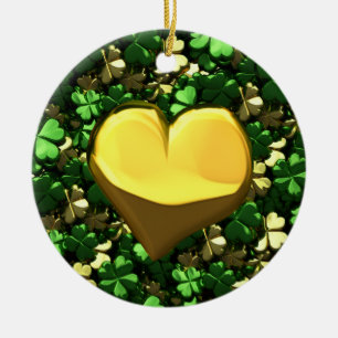 Gold Heart Shamrocks Ceramic Ornament