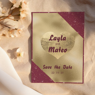 Gold heart sparkle burgundy glitter Save the Date Invitation