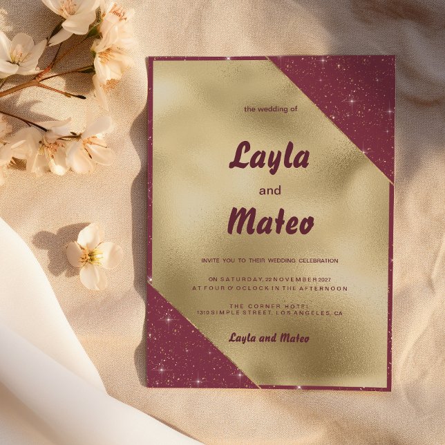 Gold heart sparkle burgundy glitter Wedding Invitation (Gold heart sparkle burgundy glitter Wedding)