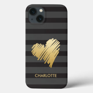 Gold Heart Striped Personalized iPhone 13 Case