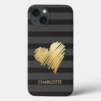 Gold Heart Striped Personalized iPhone 13 Case