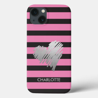 Gold Heart Striped Personalized iPhone 13 Case
