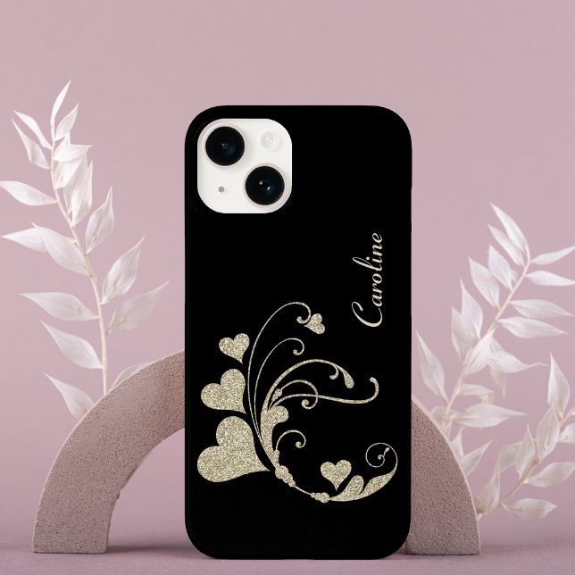 Gold Heart Swirl Faux Glitter on Black Case-Mate iPhone Case (Creator Uploaded)