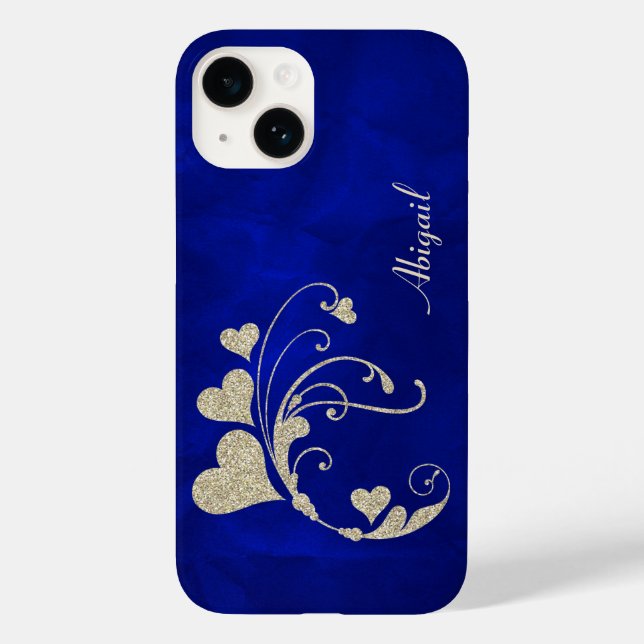 Gold Heart Swirl Faux Glitter on Royal Blue Case-Mate iPhone Case (Back)