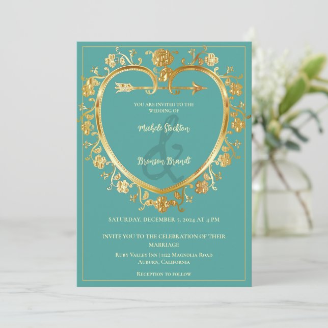 Gold Heart Wedding Invitation (Standing Front)