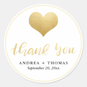 Gold Heart Wedding Thank You Script Modern Classic Round Sticker