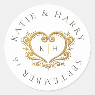 Gold heart white brown monogram wedding  classic round sticker
