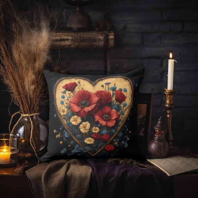 Gold Heart with Poppies Inside Throw Pillow (Creator Uploaded)
