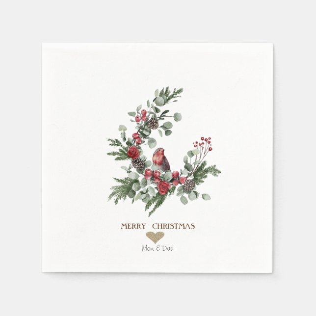 Gold Heart,Wreath Red Cardinal Christmas  Napkin (Front)