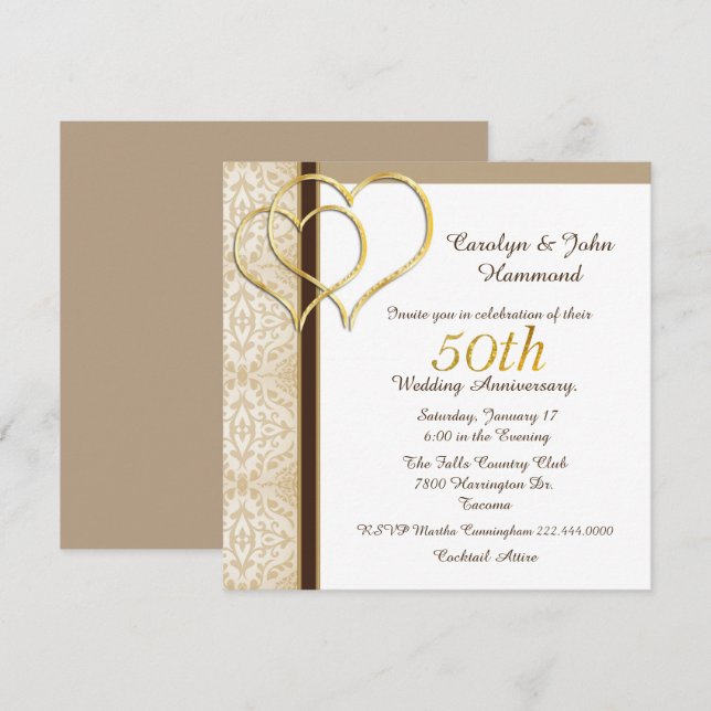 Gold Hearts 50e anniversaire Mariage Invitation (Devant / Derrière)