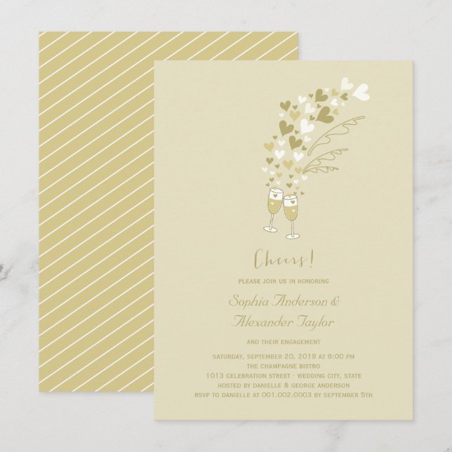 Gold Hearts And Champagne Cheers Engagement Party Invitation (Front/Back)