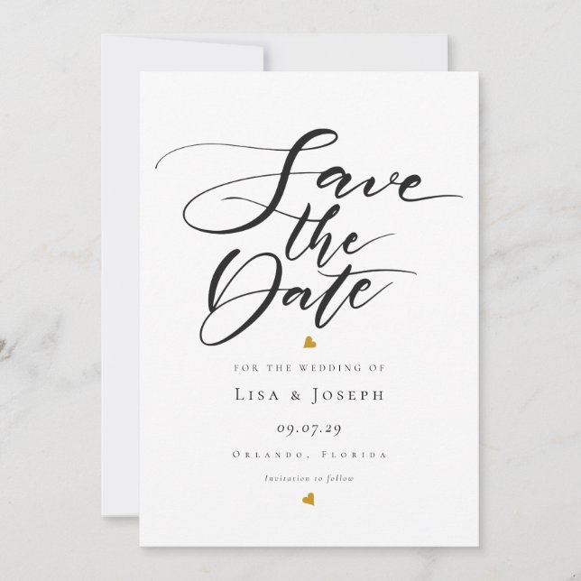 Gold Hearts Black and White Script Save the Date Invitation (Front)