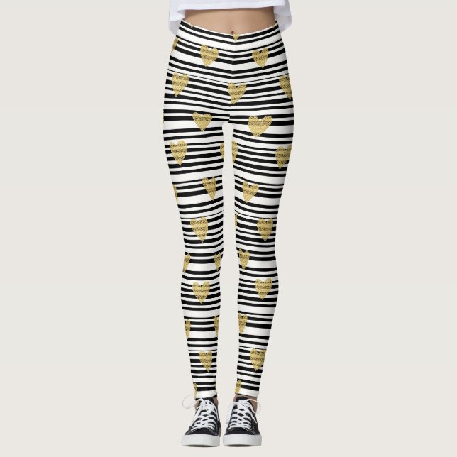 Gold Hearts Black Stripe Valentine Pattern Leggings (Front)