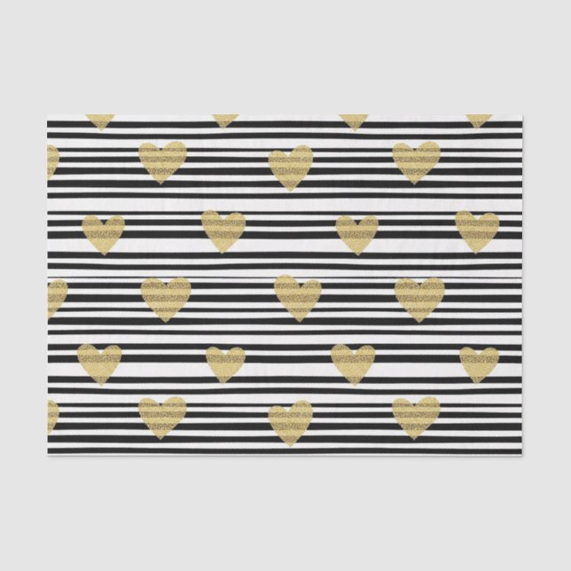 Gold Hearts Black Stripe Valentine Pattern Tissue Paper (Front)