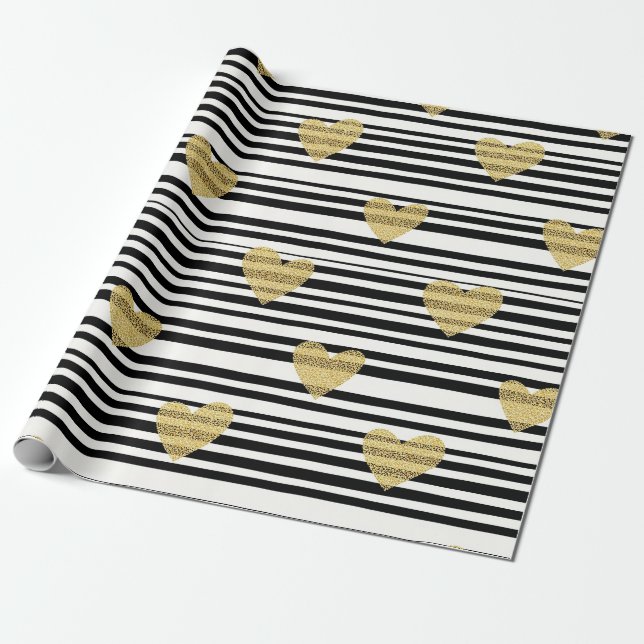 Gold Hearts Black Stripe Valentine Pattern Wrapping Paper (Unrolled)