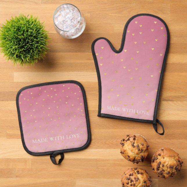 Gold Hearts Blush Pink Ombre Oven Mitt & Pot Holder Set (Top Down)