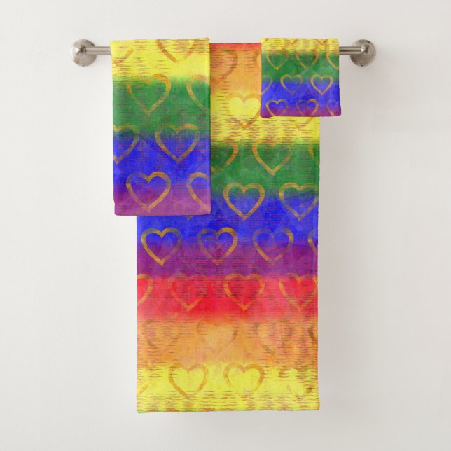 Gold Hearts, Bright Rainbow Gay Pride Flag Colours Bath Towel Set (Insitu)
