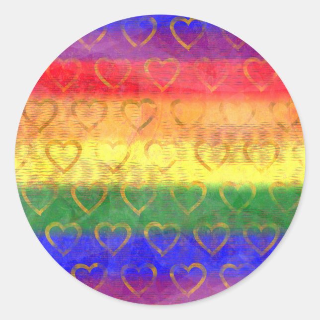 Gold Hearts, Bright Rainbow Gay Pride Flag Colours Classic Round Sticker (Front)