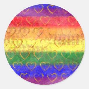 Gold Hearts, Bright Rainbow Gay Pride Flag Colours Classic Round Sticker
