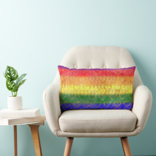 Gold Hearts, Bright Rainbow Gay Pride Flag Colours Lumbar Pillow