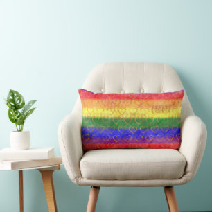 Gold Hearts, Bright Rainbow Gay Pride Flag Colours Lumbar Pillow