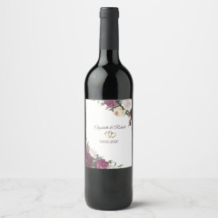 Gold Hearts Burgundy Floral Wedding Wine Label